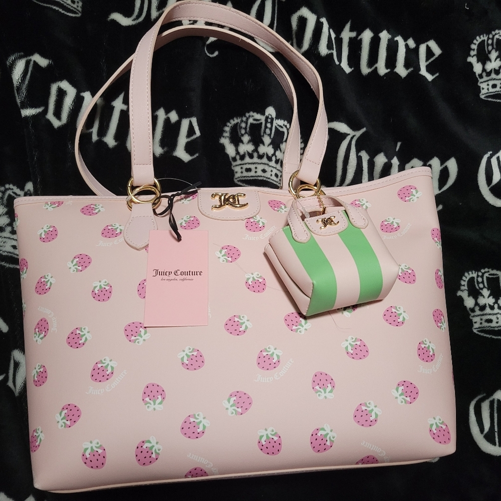 Juicy Couture Fun In The Sun Pink Strawberry Print Tote with Green-Striped Pouch